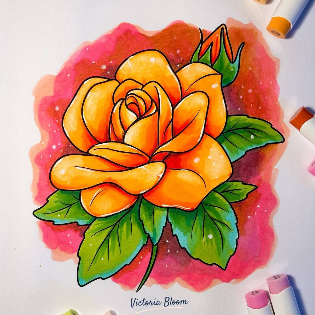 Colorful rose drawing on paper with markers around