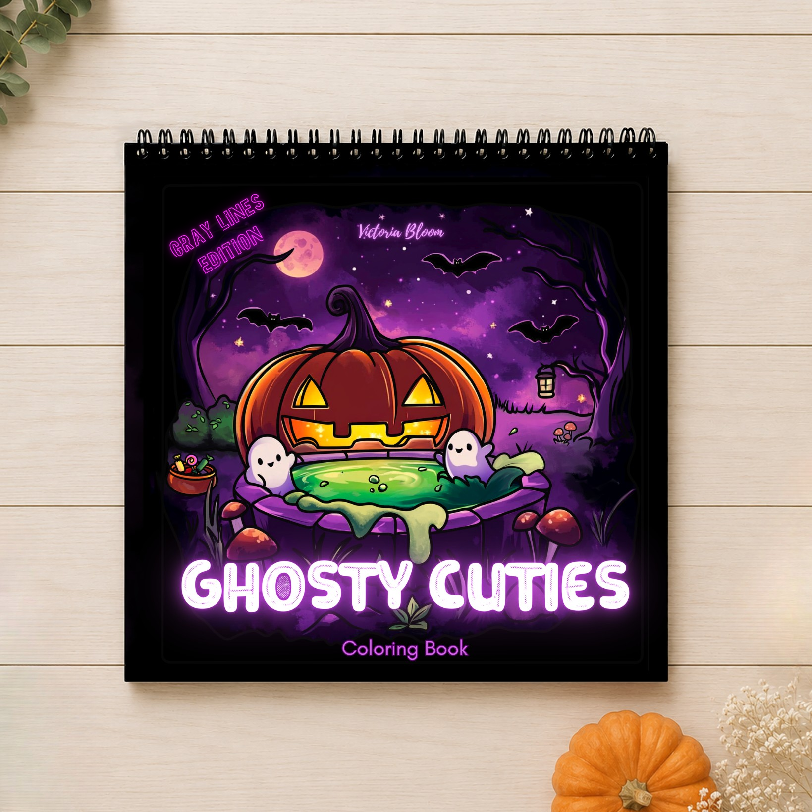 Ghosty Cuties - Cardstock Coloring Book - 170 GSM Premium Bond, Top Wire-O binding, Gray Lines
